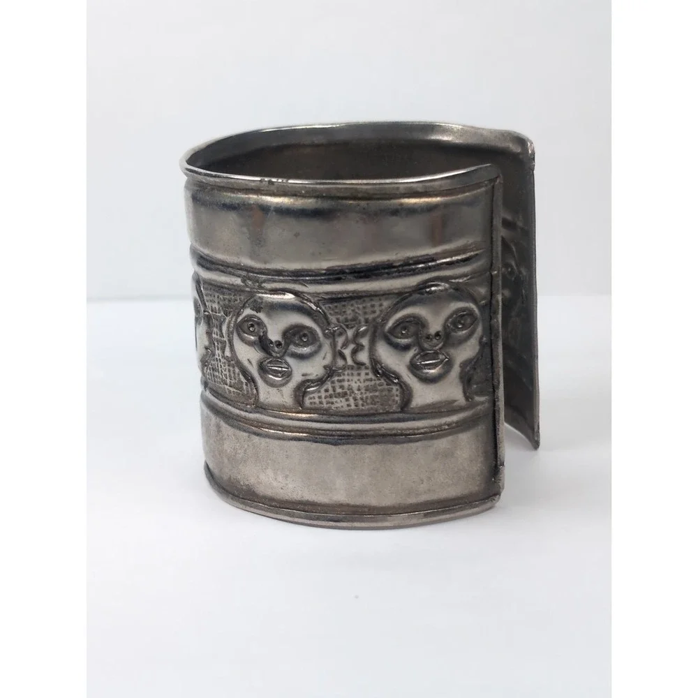Vintage Boho Wide Cuff Bracelet Embossed  Silver Tone Ornate Carved Faces 2X2.5